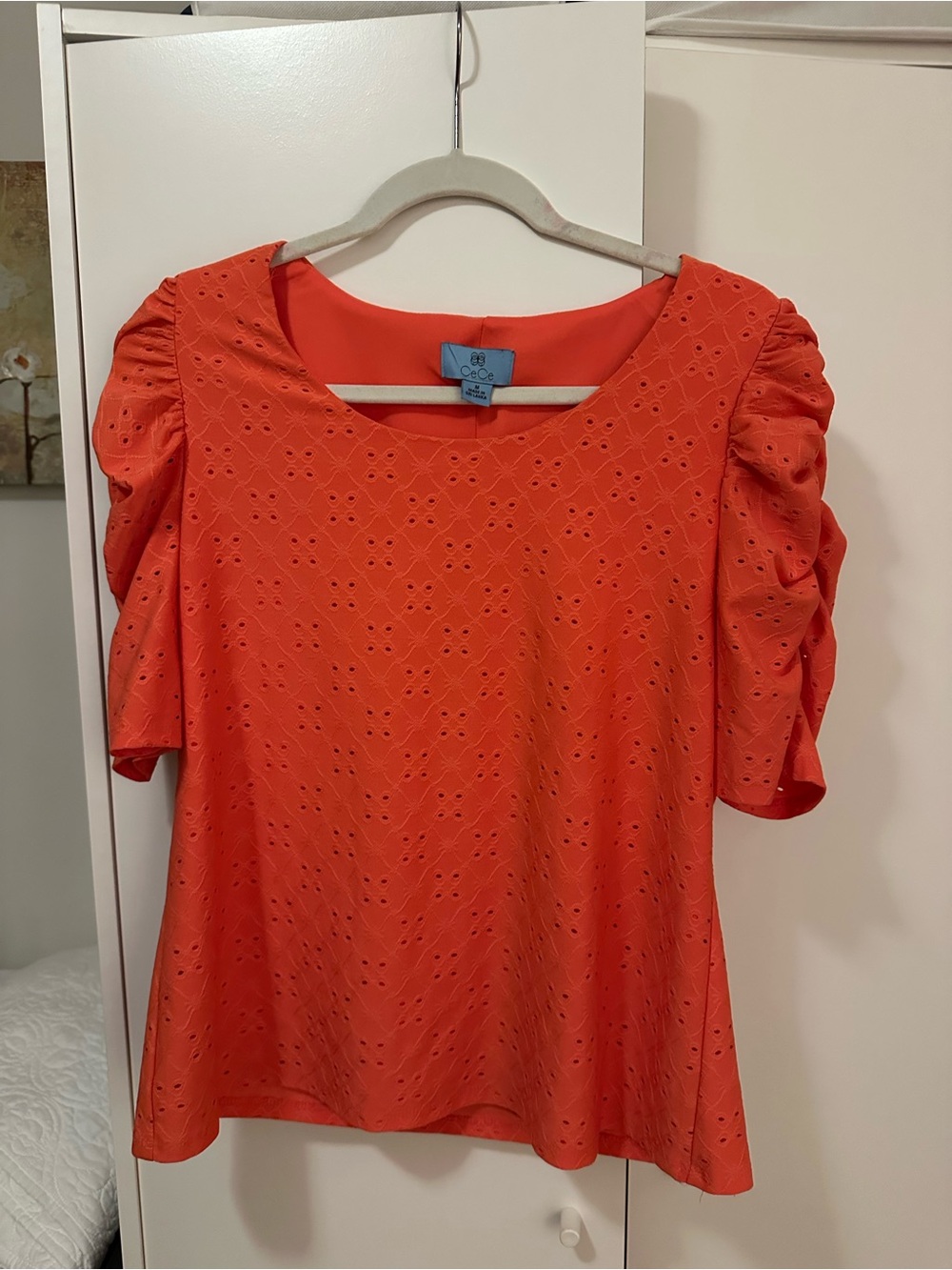 CeCe Coral Puff-Sleeve Eyelet Blouse